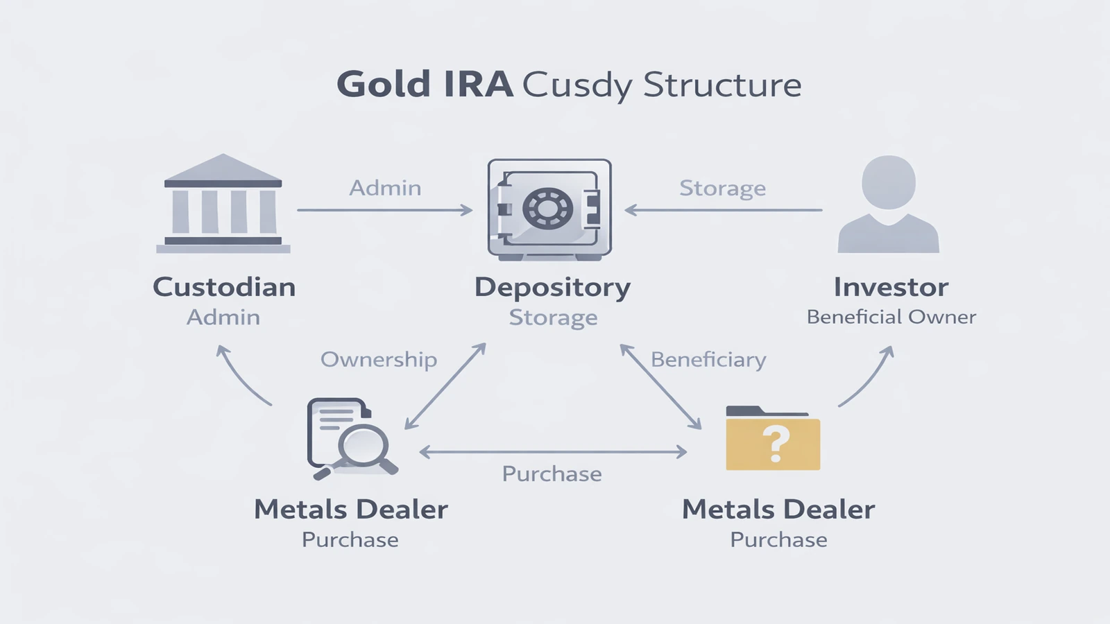 Diagram showing the relationship between the investor, IRA custodian, metals dealer, and approved depository storage